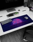 Dynamic artwork on 36x16 desk mat captures the essence of synthwave with vibrant colors and futuristic flair