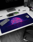 Retro-futuristic design on 40x20 desk mat perfect for adding bold synthwave energy to your setup or decor