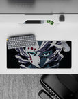 Anime mouse pad 28x12 inches featuring Rui from Demon Slayer, showcasing his pale hair and red eyes amid Mount Natagumo's eerie quiet.