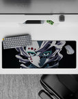 Anime mouse pad 32x12 inches featuring Rui from Demon Slayer with pale hair, red eyes, and eerie Mount Natagumo setting.