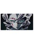 Anime mouse pad 32x16 inches featuring Rui from Demon Slayer, with pale hair, red eyes, and maroon accents, capturing eerie quiet.