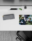 14x10 inches classic anime mouse pad in teal and navy shadows with bright yellow V-fin, heroic vibe.
