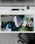 32x16 inches anime mouse pad in teal and navy shadows, bright yellow accents, crisp heroic vibe.