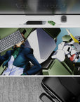 Teal and navy mech art desk pad 40x20 inches with bold yellow V-fin, crisp print, heroic vibe.