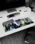 32x12 inches anime mouse pad scene of Lockon Stratos leaning cool as Gundam Dynames looms behind.