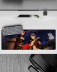 32x12 inches anime girl mouse pad in deep navy with punchy red accents, soft gradients, and cozy chaos vibe.
