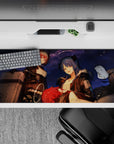 36x16 inches anime girl desk pad in deep navy with punchy red accents, starry-night vibe, cozy chaos.
