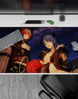 Starry navy anime girl desk pad 40x20 inches with punchy red accents, cozy chaos vibe, soft gradients.