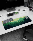 Artistic 32x12 inches mouse pad featuring forest explorer, with lush valley and evergreen trees for a peaceful, nature-inspired look.