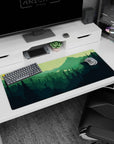 Artistic 36x16 inches mouse pad featuring forest explorer, with lush valley and evergreen trees for a tranquil, adventurous desk look.