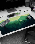Large 40x20 inches mouse pad featuring forest explorer, blending lush valley and evergreen trees for a peaceful, adventurous desk effect.