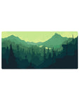 Mouse pad featuring forest explorer, 32x16 inches, blending serene valley with evergreen trees for a peaceful nature-inspired vibe.