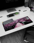 Small but impactful 32x12 desk mat showcases dreamy forest vibes with striking pink pathway artistry