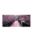 Streamlined Pink Pathway desk mat 28x12 featuring lush trees for bold yet calming workspace flair