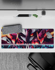 Intense 32x12 mouse pad features glowing red eyes, crackling lightning, and mecha details for fans of epic anime artistry