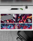 Impactful 32x16 mouse pad combines deep blacks, fiery reds, electric blues, and sharp linework for visually striking yet functional visuals