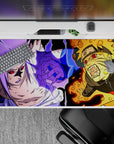 40x20 inches anime desk pad with purple lightning, hot orange chakra splashes, intense high-energy vibe.