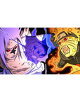 40x20 inches anime desk pad with Naruto vs Sasuke showdown, comic panel linework and bold shading.