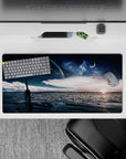 Cool navy and deep blue 32x16 inches mouse pad with silvery stars and a warm sunrise glow.