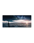 Midnight shoreline planet sky desk mouse pad, 28x12 inches, with rippled water and cloud streaks.