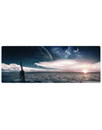 Midnight shoreline desk mouse pad 32x12 inches with rippled water, stars, clouds, and a giant planet.