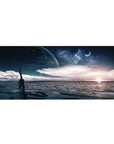 Midnight shoreline desk pad 36x16 inches with ocean ripples, cloud streaks, stars, and a giant planet.