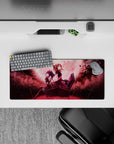 28x12 inches anime mouse pad in deep wine reds and smoky blacks, dreamy haunted vibe with soft pink glow.