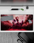 Moody wine-red and smoky black anime desk mat 32x16 inches with soft pink sunset-fog glow.
