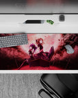 Moody 36x16 inches anime desk pad in deep wine red and smoky black with soft pink sunset fog glow.