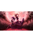 Anime girl desk pad 40x20 inches with gothic heroines, coffin pose, crimson roses, drifting petals.