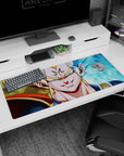 Artistic 36x16 inches desk pad with Majin Vegeta and Super Saiyan Blue Vegeta, embodying the fierce and calm duality of one of Dragon Ball’s most iconic characters.