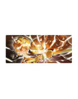 Large 28x12 inch Demon Slayer mouse pad featuring Zenitsu mid-flash with glowing eyes, drawn blade, and vivid lightning.