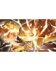 Anime desk pad 40x20 inches featuring Zenitsu from Demon Slayer, lightning effects, glowing eyes, and iconic haori pattern.