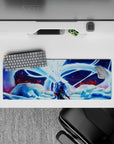 32x12 inches anime desk mat in icy blues with glowing moonlit fox tails, deep shadows, premium print.