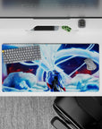 32x16 inches anime mouse pad in icy blue moonlit tones, glowing whites, deep shadows, red petal accents.