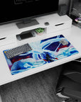 32x16 inches anime mouse pad showing a robed silver-haired warrior before a colossal nine-tailed fox arc.