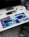 36x16 inches anime desk pad showing robed silver-haired swordsman before a colossal nine-tailed fox arc.