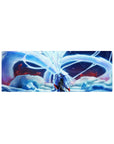 32x12 inches anime mouse pad with silver-haired warrior and nine-tailed fox spirit, drifting red petals.