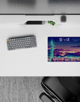 14x10 inches mouse pad featuring a pixelated cyberpunk skyline with neon lights, blending sci-fi and vaporwave vibes.