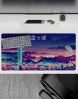 32x16 inches mouse pad with a neon-lit, pixelated cyberpunk skyline, blending sci-fi and vaporwave for a vibrant workspace.