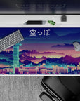 40x20 inches mouse pad showcasing a neon-lit, pixelated cyberpunk skyline, blending sci-fi and vaporwave aesthetics.
