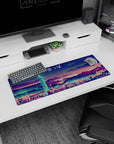 Artistic 32x12 inches mouse pad showcasing a neon-lit cyberpunk skyline with pixelated details for a sci-fi vaporwave feel.