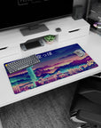 Modern 32x16 inches mouse pad featuring a pixelated cyberpunk skyline with neon lights for a retro-futuristic design.