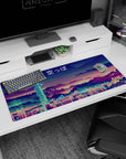 Artistic 36x16 inches mouse pad showcasing a neon-lit, pixelated cyberpunk skyline, capturing sci-fi and vaporwave energy.