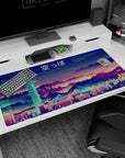 Large 40x20 inches mouse pad with a pixelated cyberpunk skyline, featuring neon lights for a retro-futuristic, sci-fi look.