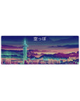 Compact 32x12 inches mouse pad with a neon-lit cyberpunk skyline, offering a sci-fi, vaporwave aesthetic for your desk.