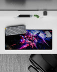 28x12 inches anime mouse pad in pink and crimson with neon blue glow, fast cosmic action mood.