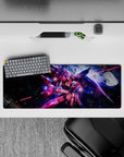 32x12 inches anime mouse pad in pink and crimson with neon blue glow, fast laser streaks, reckless space vibe.