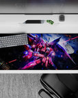 36x16 inches desk pad in pink and crimson with neon blue glow, fast sci-fi vibe and cosmic sparks.
