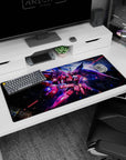 36x16 inches anime desk pad showing ZGMF-X19A Infinite Justice Gundam slicing starry debris at speed.